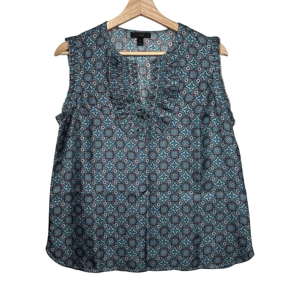 J. Crew Silk Tank Top Blouse Margo Medallion Ruffle V-NeckTeal Brown 8 Workwear